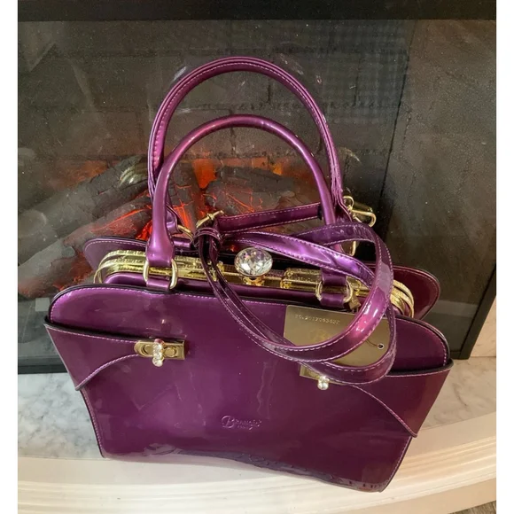 Brangio of Italy Purple Patent Leather Glam Gold Frame Rhinestone Top Handle Bag - Picture 11 of 12
